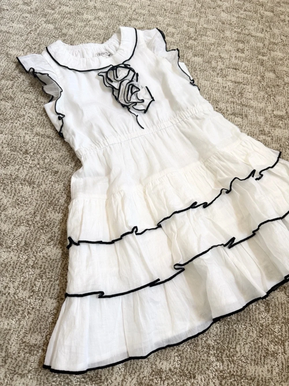 J. Crew Girls’ White/Navy Rosette Ruffle-Trim Dress—8